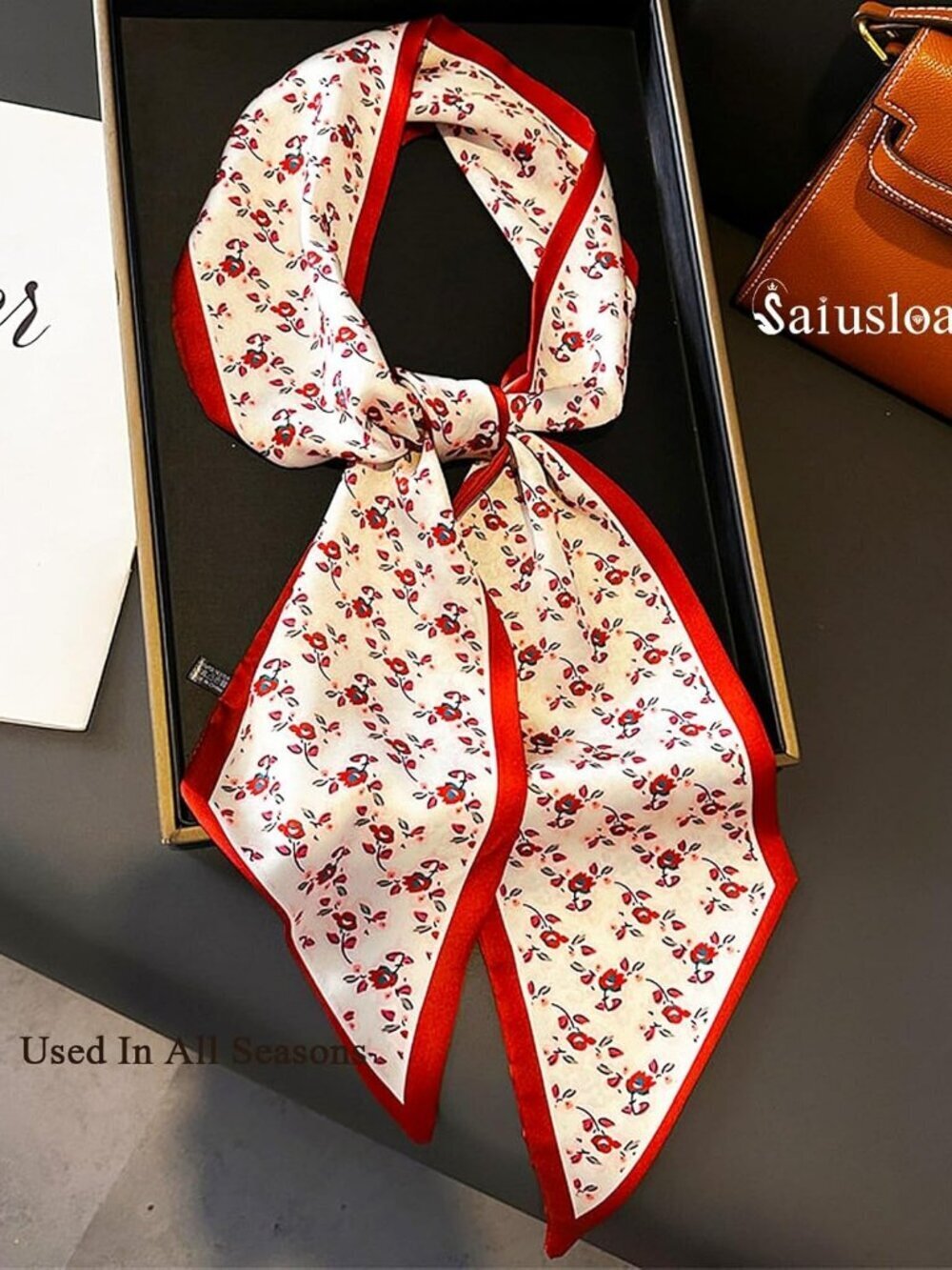Women's Small Red Flowers Head Fashion Scarves Long Skinny Silky Hair Bags Scarf - Picture 5 of 6
